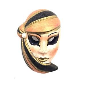 Vtg Art Deco Revival 1980 Ceramic Face Pin Brooched Metallic Paint Boho Witchy